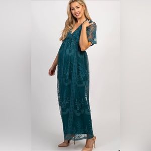Pink Blush Dark Turquoise Lace Mesh Overlay Maternity Maxi Dress